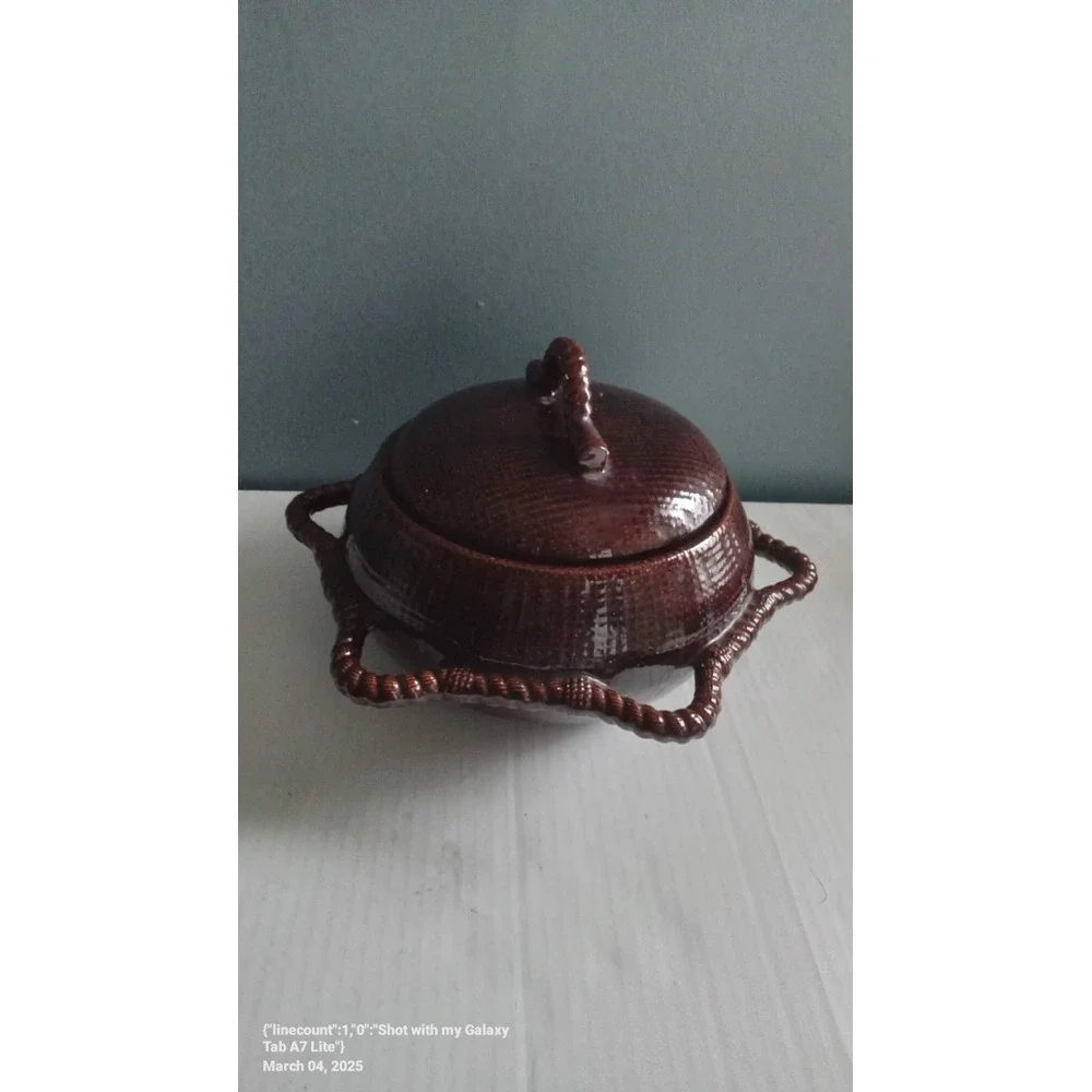 Vintage Ceramic Punch‎ Bowl Set with Ladle Cups Brown Woven Design